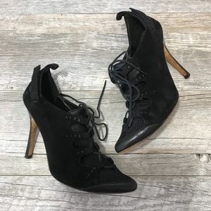 Manolo Blahnik Suede & Mesh Lace Up Ankle Boots